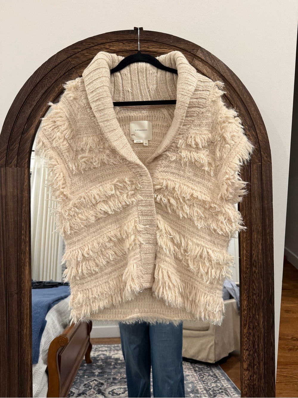 Anthropologie Cream Fringed Knit Cardigan Vest